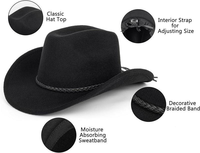 Vikodah Vintage Western Cowboy Hat for Men Women - Wide Brim Cowgirl Fedora Hats with Braided Rope Band M - Image 5